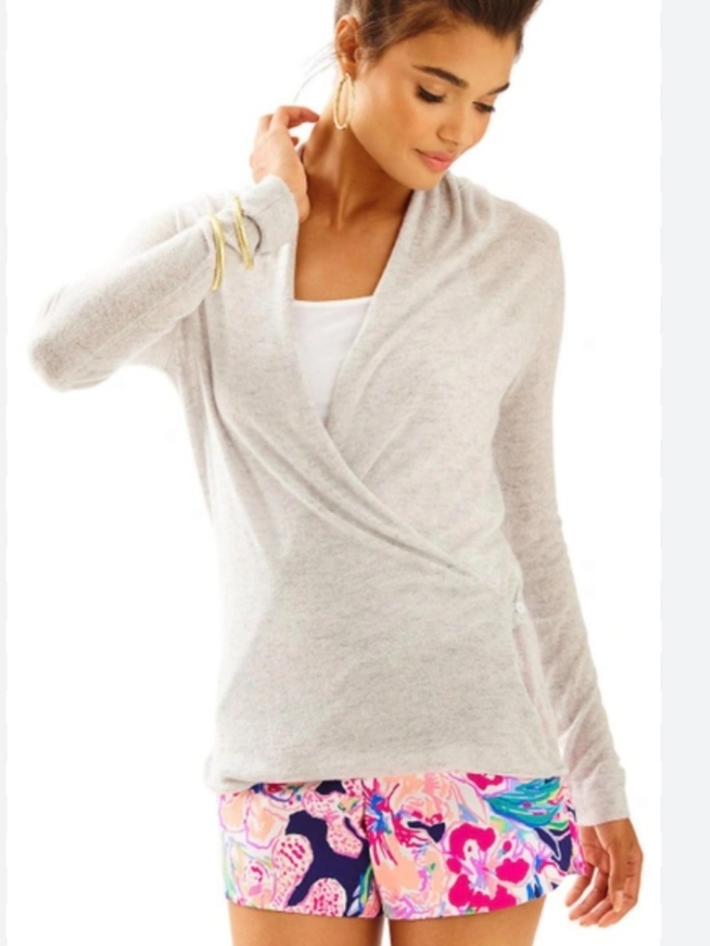 LILLY PULITZER Sydelle Cashmere Wool Blend Wrap Sweater Gray Size Medium
